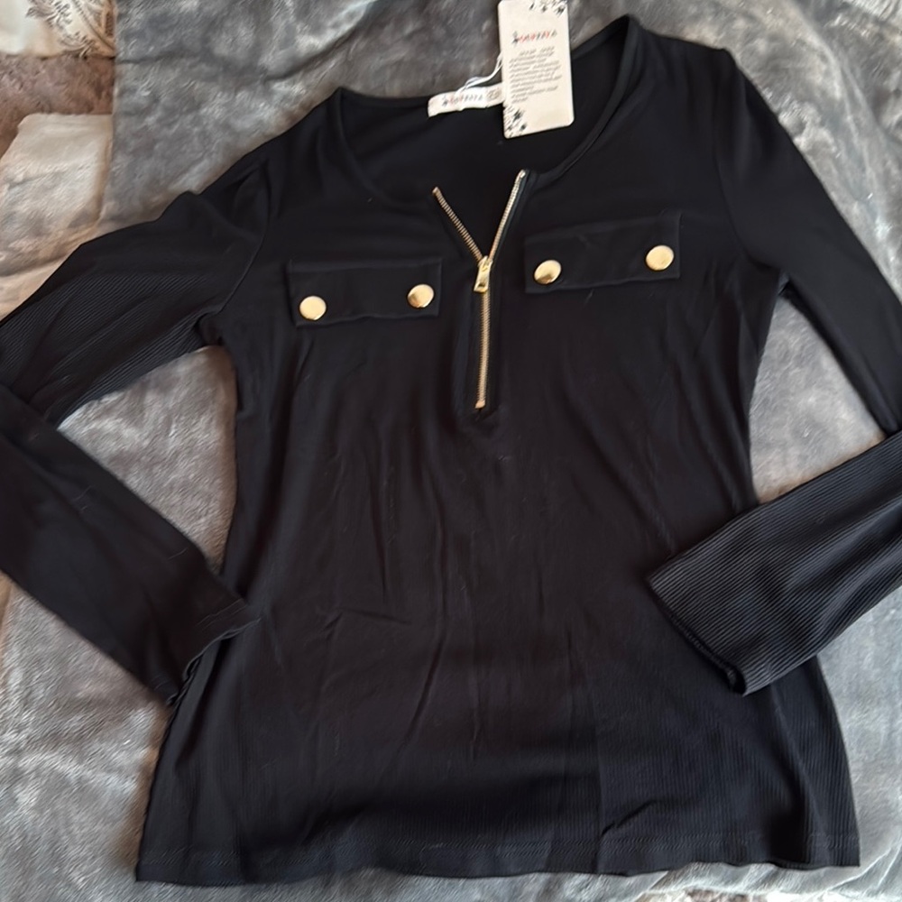 Black Long Sleeve Fitted Blouse with Gold Accents